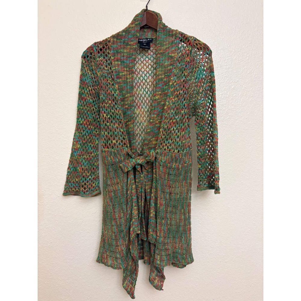Neslay Paris Womens ML Open Knit Cardigan Space Dye Multi Color Tie Waist Mesh